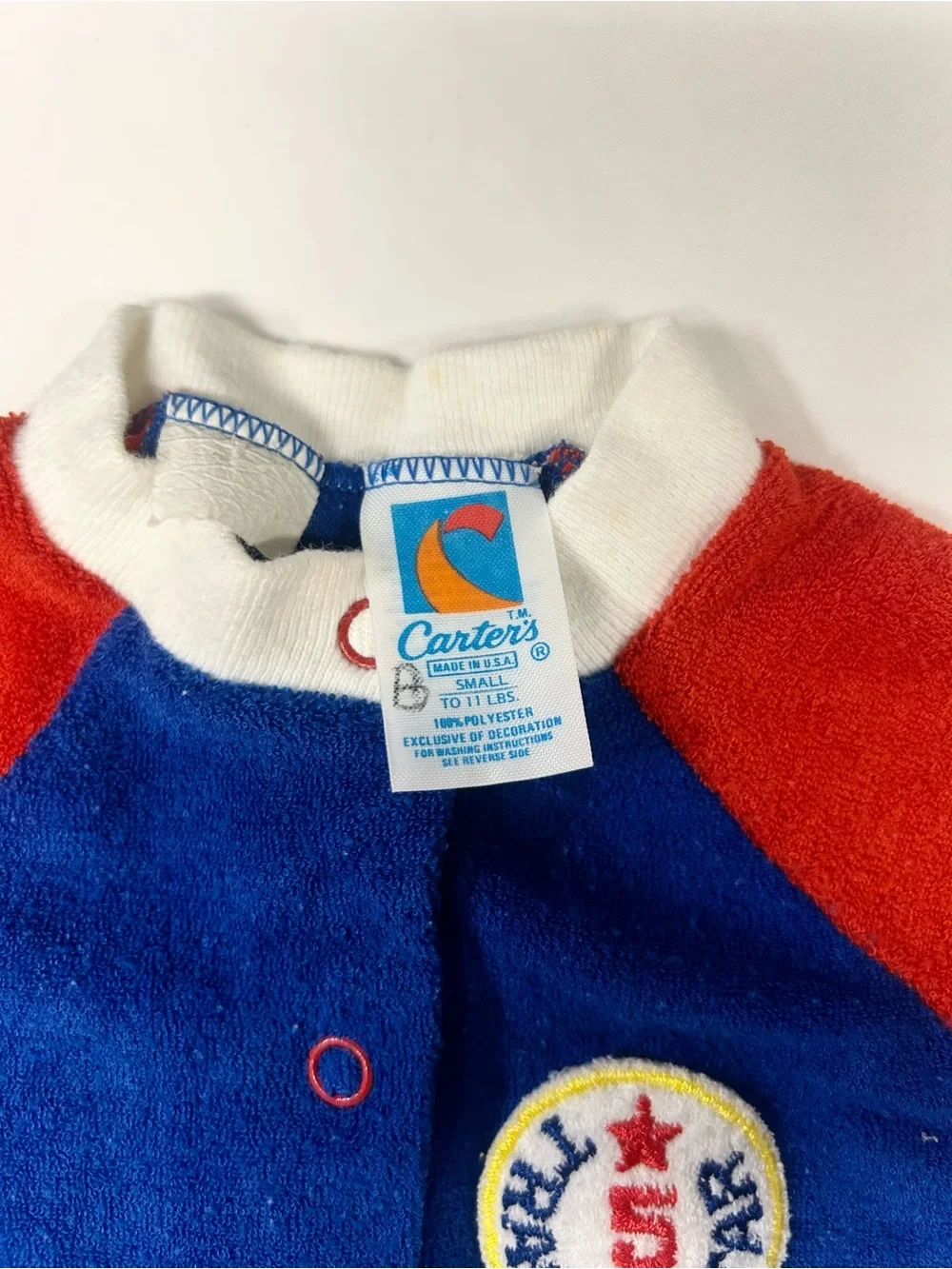 Vintage 80s Carter's Blue & Red 'Track Star' One-Piece Footed Romper